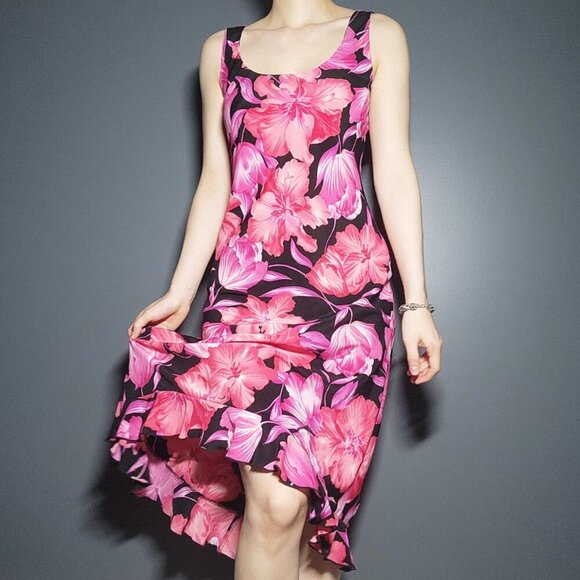 Vintage romantic 90s pink and black sleeveless midi floral dress with ruffles - Picture 14 of 14